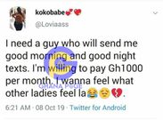 Fed up Ghanaian single lady offers GH¢1000 salary to any guy who’d agree to date her; T&Cs apply