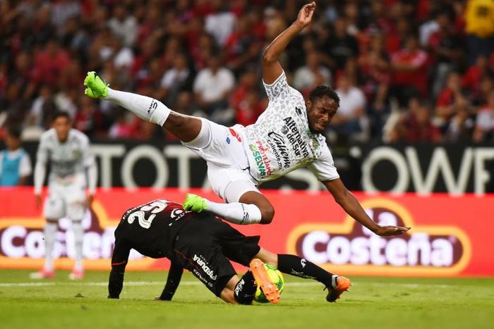 A file photo of Sao Tome e Principe captain Luis Leal (R) playing for Mexican club Chiapas