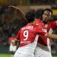 Monaco striker Wissam Ben Yedder celebrates his opener with teammate Gelson Martins