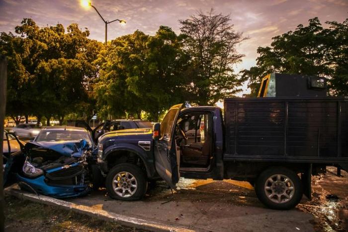 View of bullet-ridden and crashed vehicles in Culiacan, Mexico, after heavily armed gunmen in four-by-four trucks fought an intense battle with Mexican security forces triggered by the arrest of a son of jailed drug kingpin Joaquin "El Chapo" Guzman