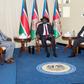 SSudan's president will meet with rebel leader Riek Machar; in file image Leader of the Sudan Liberation Moment/Army (SLM/A) in Darfur Minni Arko Minnawi (L) sits next to South Sudan's President Salva Kiir (C) and South Sudan security presidential advi...