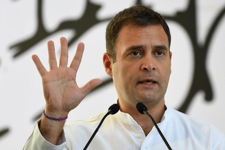 Congress president Rahul Gandhi addressing supporters at an event to unveil the party's election manifesto in New Delhi on Tuesday