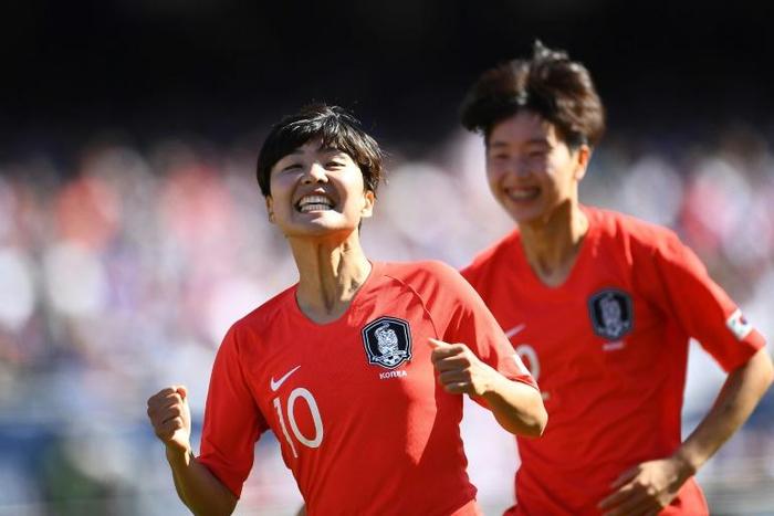 South Korea's Ji So-yun celebrates after scoring a goal against the United States during a exhibition contest at Soldier Field in Chicago