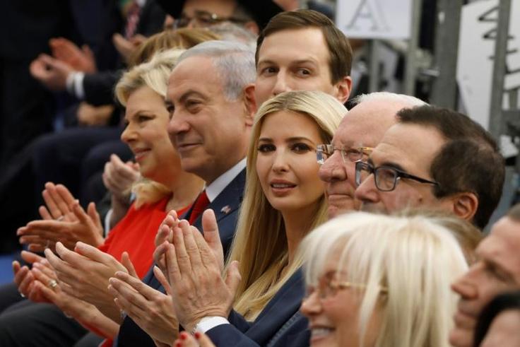 Israel's Prime Minister Benjamin Netanyahu (2nd L), his wife Sara Netanyahu (L), Senior White House Advisor Jared Kushner (3rd L), US President's daughter Ivanka Trump (C), US Treasury Secretary Steve Mnuchin (R) and Israel's President Reuven Rivlin (2...