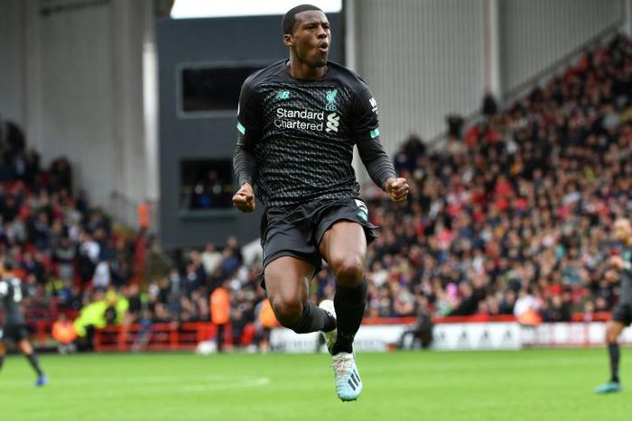 Liverpool midfielder Georginio Wijnaldum celebrates his goal against Sheffield United