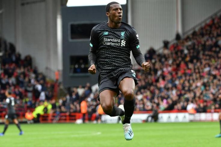 Liverpool midfielder Georginio Wijnaldum celebrates his goal against Sheffield United