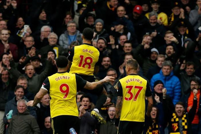 Watford's Andre Gray celebrates the winner against Crystal Palace