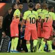 Manchester City celebrate Riyad Mahrez's winning goal in the Premier League match against Everton