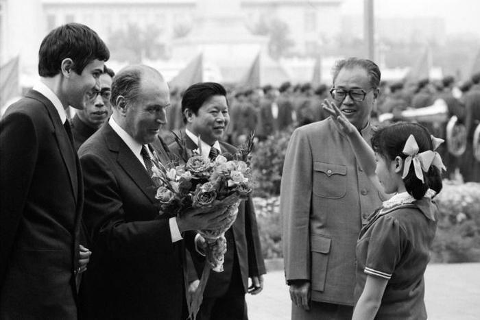 Chinese Premier Zhao Ziyang (R) with French President Francois Mitterrand on Beijing's Tiananmen Square in 1983