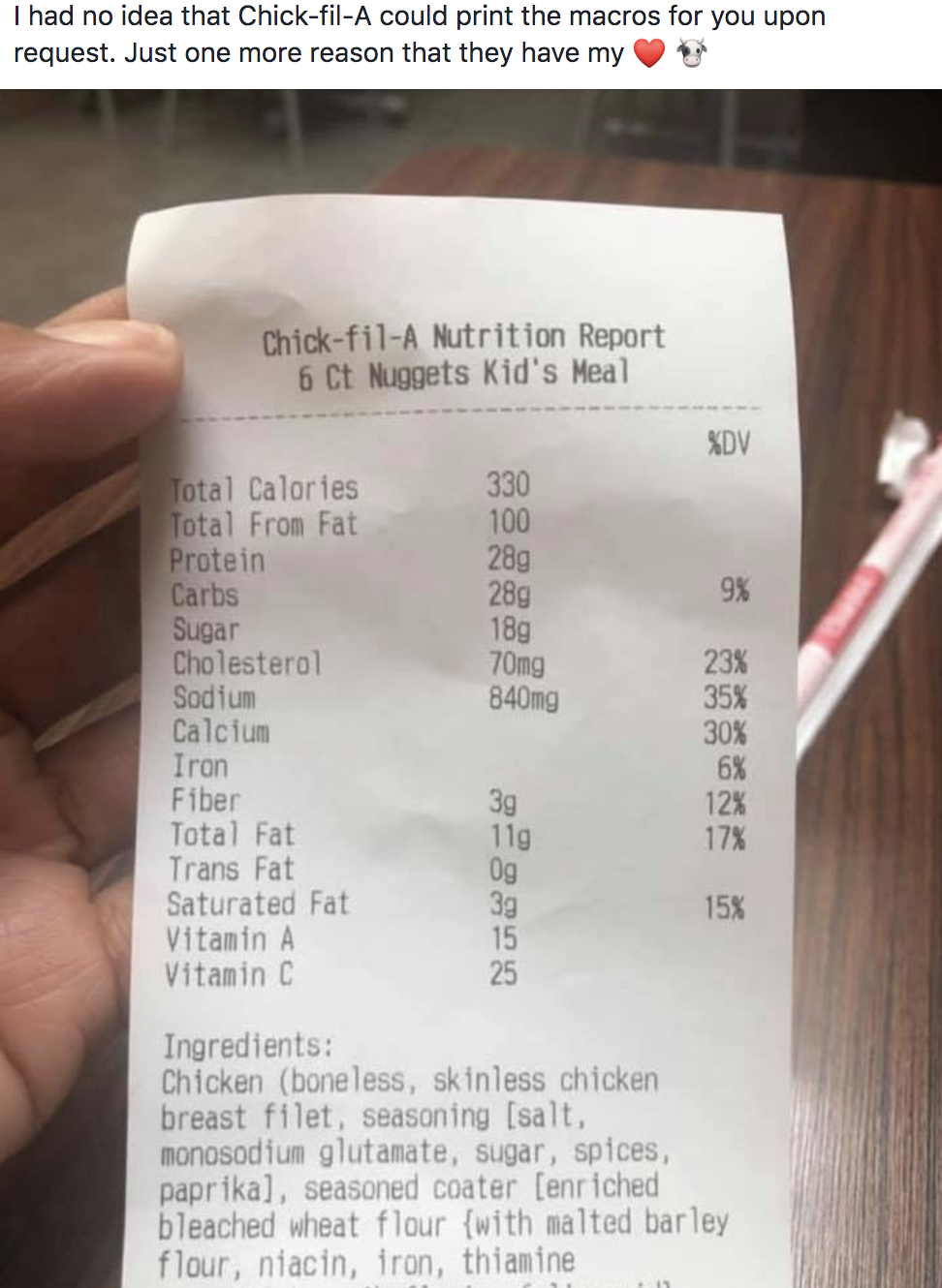 Chick-Fil-A nutrition printout
