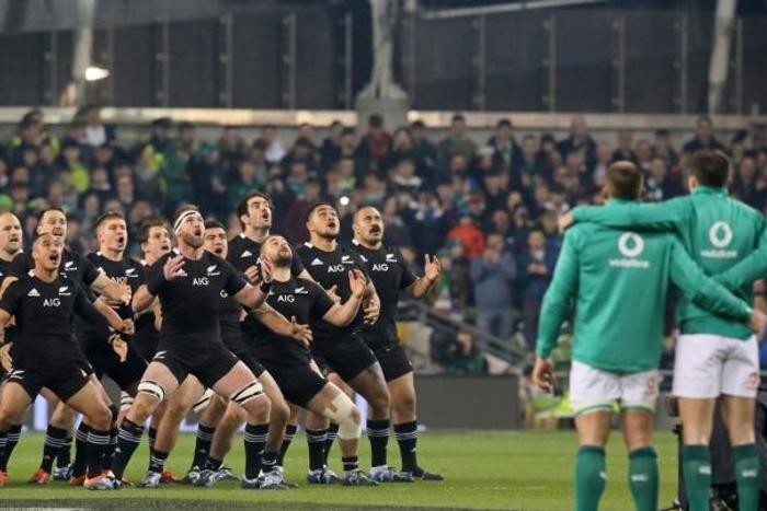 New Zealand players perform the haka ahead of their last match against Ireland in November 17, 2018. Ireland won the match 16-9