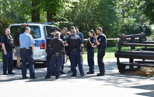 Police stand at the Berlin crime scene in August 2019 where a Georgian man who had fought against Russian forces in Chechnya was shot