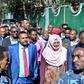 Jawar Mohammed, centre, among supporters who had gathered outside his home in Addis on Thursday. He has accused security forces of trying to orchestrate an attack against him