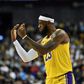 Los Angeles Lakers superstar LeBron James gestures while playing against the Brooklyn Nets on October 10, 2019 at the Mercedes-Benz Arena in Shanghai, China