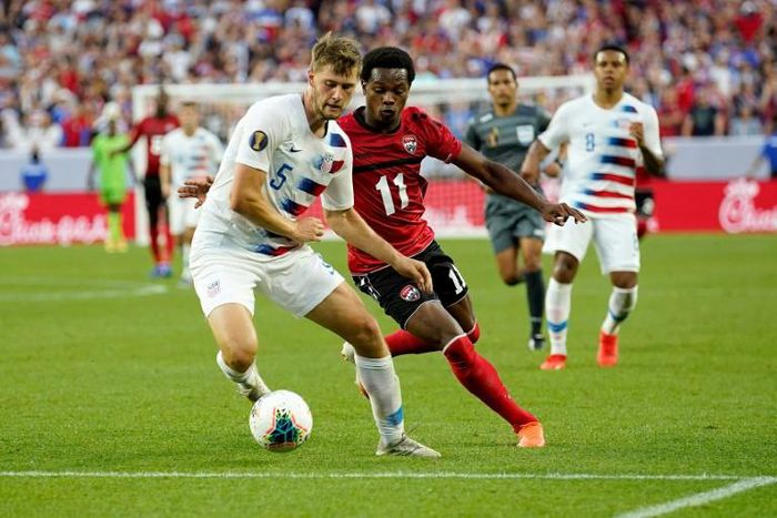 United States defender Walker Zimmerman, left, was removed from the United States training camp Monday for upcoming matches against Cuba and Canada
