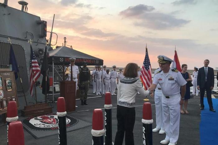 US Ambassador to Lebanon Elizabeth Richard and Vice Admiral James Malloy hosted a reception for US and Lebanese officials on board the destroyer USS Ramage while it was docked at Beirut's port