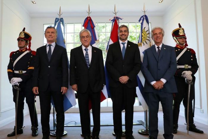 From left to right: Argentina Presdient Mauricio Macri, Chile's Sebastian Pinera, Mario Abdo Benitez of Paraguay and Uruguay's leader Tabare Vazquez
