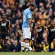 Shocked Sergio: Sergio Aguero looks on as Wolves celebrate their second goal in a 2-0 win over Manchester City