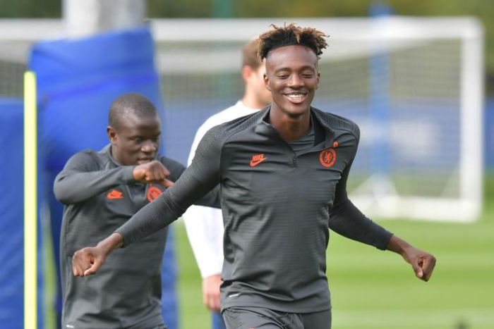 Chelsea striker Tammy Abraham trains with his teammates ahead of their Champions League match against Valencia