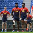 South Africa's Pieter-Steph du Toit (L), captain Siya Kolisi (2nd L), Lukhanyo Am (C), Steven Kitshoff (2nd R) and Willie Le Roux (R) take part in a training session a day before their friendly rugby match against Japan, at the Kumagaya Rugby Stadium i...