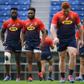 South Africa's Pieter-Steph du Toit (L), captain Siya Kolisi (2nd L), Lukhanyo Am (C), Steven Kitshoff (2nd R) and Willie Le Roux (R) take part in a training session a day before their friendly rugby match against Japan, at the Kumagaya Rugby Stadium i...