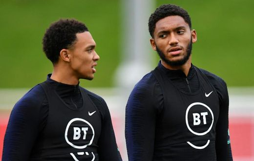 England defenders Trent Alexander-Arnold (left) and Joe Gomez attend a training session