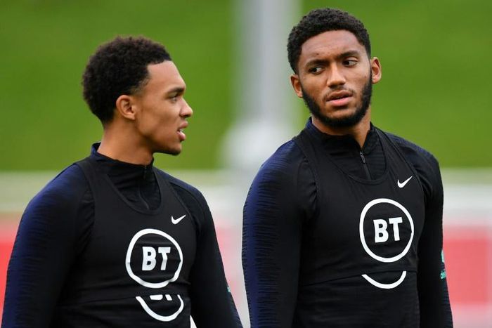 England defenders Trent Alexander-Arnold (left) and Joe Gomez attend a training session