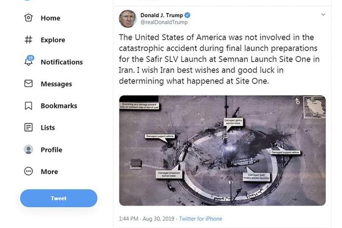 A tweet from US President Donald Trump shows an image of an apparent failed rocket lauch at the Semnan Space Center in northern Iran