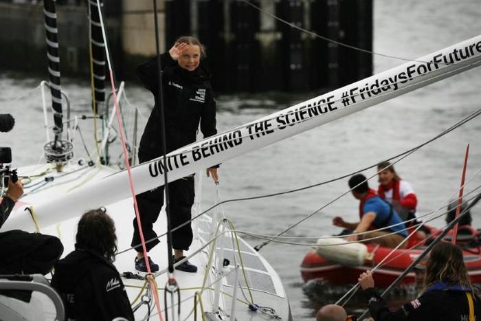 Teen climate activist Greta Thunberg, arriving in New York on August 28, 2019 after crossing the Atlantic in a sailboat