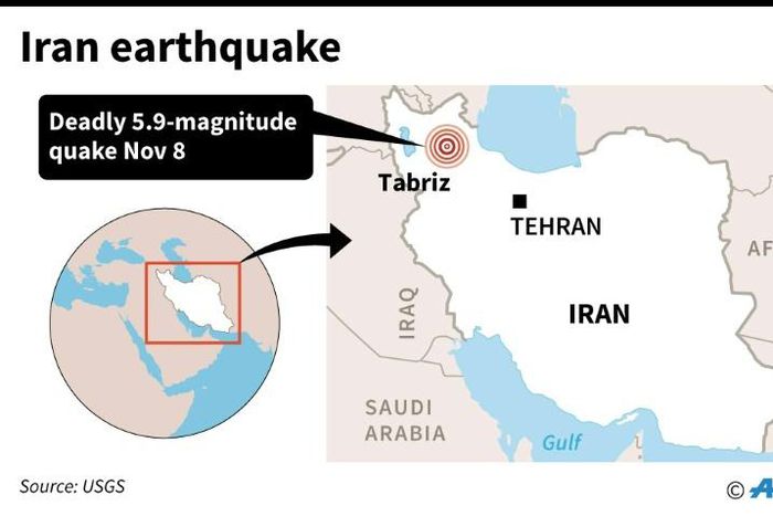Map locating the town of Tabriz in Iran's East Azerbaijan Province near where a shallow 5.9-magnitude earthquake struck early Friday