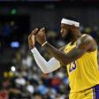 LA Lakers superstar LeBron James gestures while playing against the Brooklyn Nets on October 10 in Shanghai