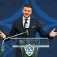 David Beckham speaks at an event to unveil a statue of him in Carson, California