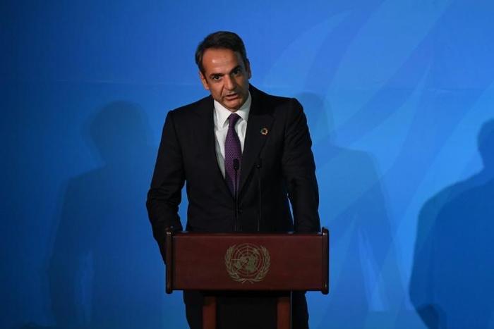Greek Prime Minister Kyriakos Mitsotakis speaks during a climate summit at the United Nations