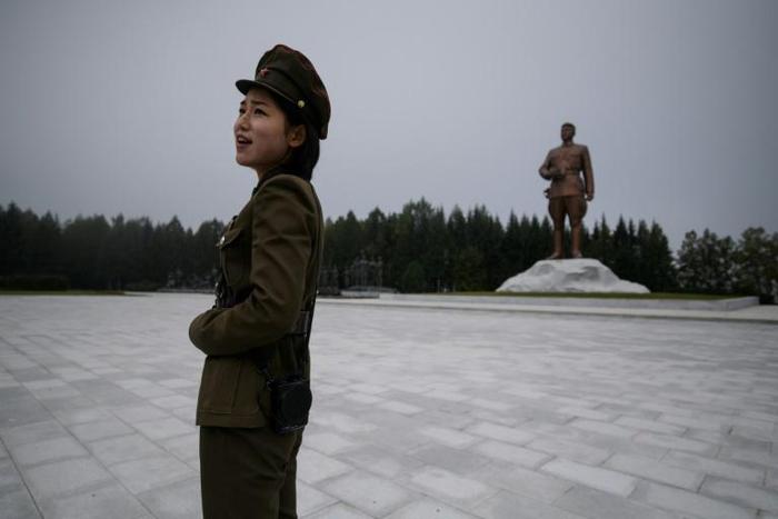 A statue of late North Korean leader Kim Il Sung overlooks the city of Samjiyon, a monumental project ordered by his grandson -- current leader Kim Jong Un