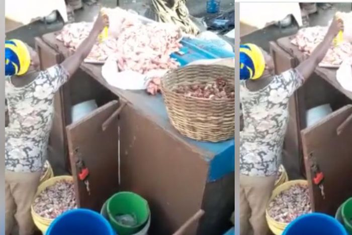 Health alert: Ghanaian meat seller caught spraying the meat with mosquito spray (video)