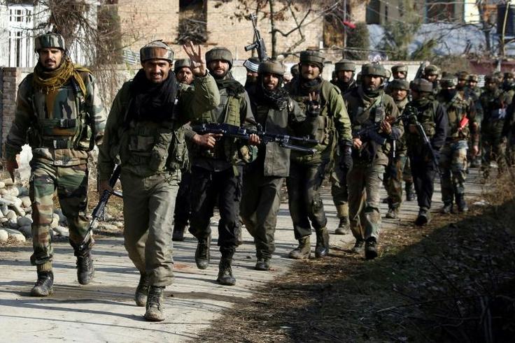 Indian army soldiers on patrol in Pulwama, scene of the February's deadly militant attack