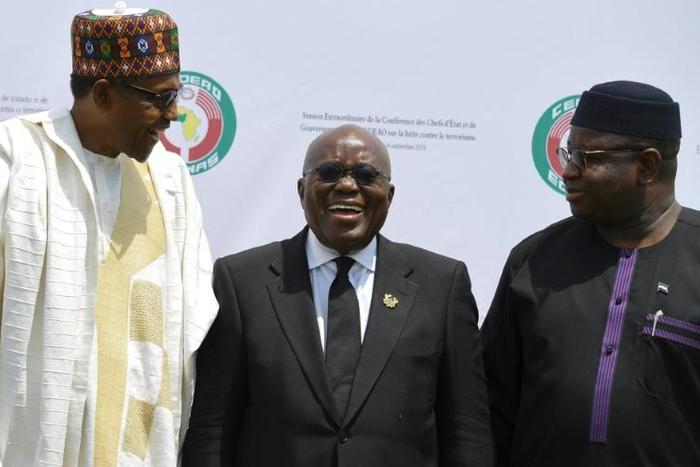 Presidents Muhammadu Buhari of Nigeria (L), Nana Akufo-Addo of Ghana (C) and Julius Maada Bio of Sierra Leone were among the leaders meeting in Ouagadougou