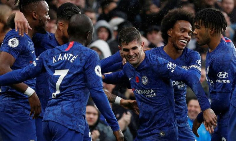 Christian Pulisic (centre) celebrates Chelsea's second goal in a 2-0 win over Crystal Palace