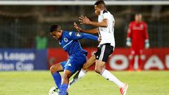 A file photo of SuperSport United midfielder Sipho Mbule (L), who scored the only goal in a South African Premiership match against Bidvest Wits in Johannesburg Friday