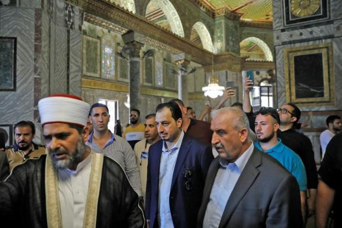 A Saudi football delegation visited east Jerusalem's Al-Aqsa mosque on October 14, 2019, one the eve of a groundbreaking trip to play a match against Palestinians in the occupied West Bank