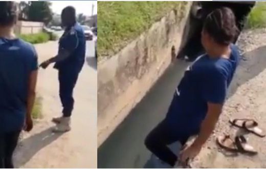 Police officer forces beautiful lady to enter dirty gutter to pick ‘pure water’ sachet