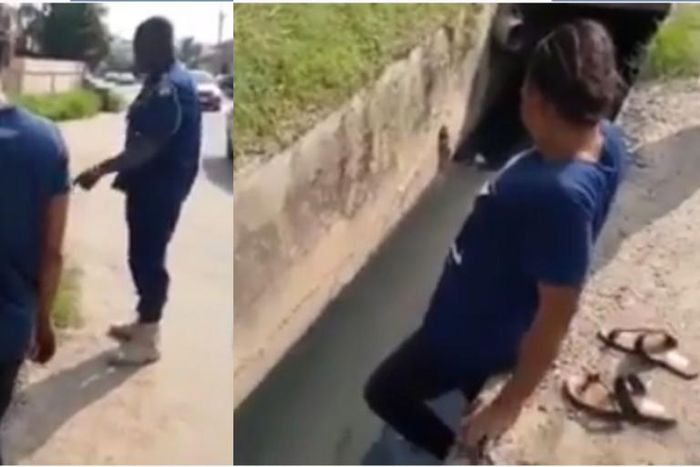 Police officer forces beautiful lady to enter dirty gutter to pick ‘pure water’ sachet