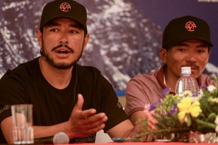 Nirmal Purja (left) and fellow Nepali mountaineer Mingma David Sherpa during a press conference in Kathmandu in early 2019