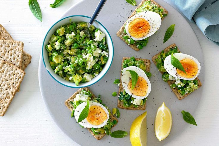 smashed pea avocado feta and egg crispbreads