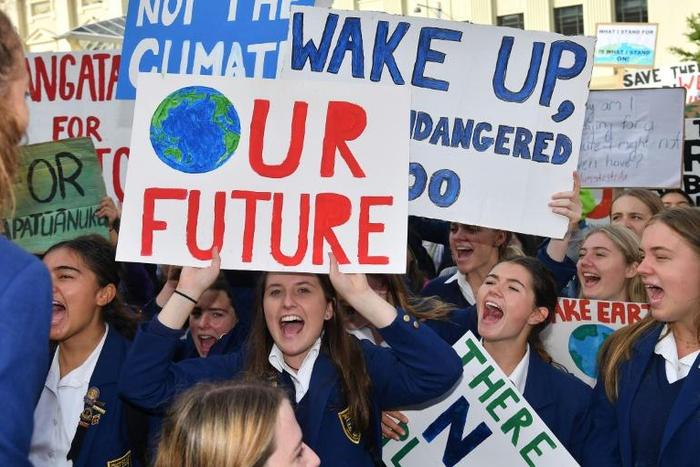 School children protest in the New Zealand capital as part of a worldwide movement to try and highligh inadequate progress to address climate change