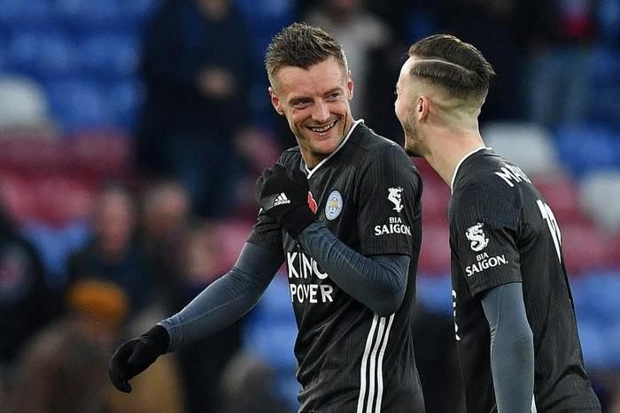 Jamie Vardy (left) has rediscovered his goalscoring form under Brendan Rodgers