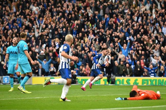 Brighton's Aaron Connolly (second right) celebrates his second goal against Tottenham