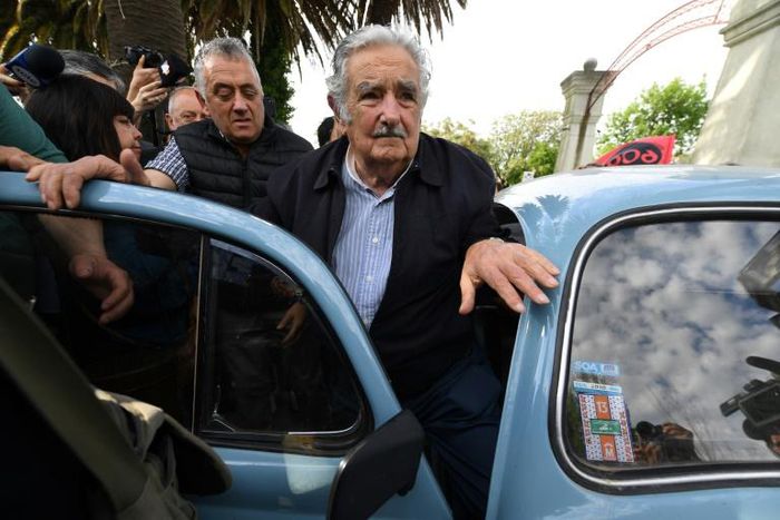 Former president Jose Mujica arrives at a polling station in Montevideo during Uruguay's October 27 general election