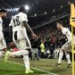 Cristiano Ronaldo celebrates with Emre Can and Moise Kean after scoring a hat-trick in the Champions League against Atletico Madrid
