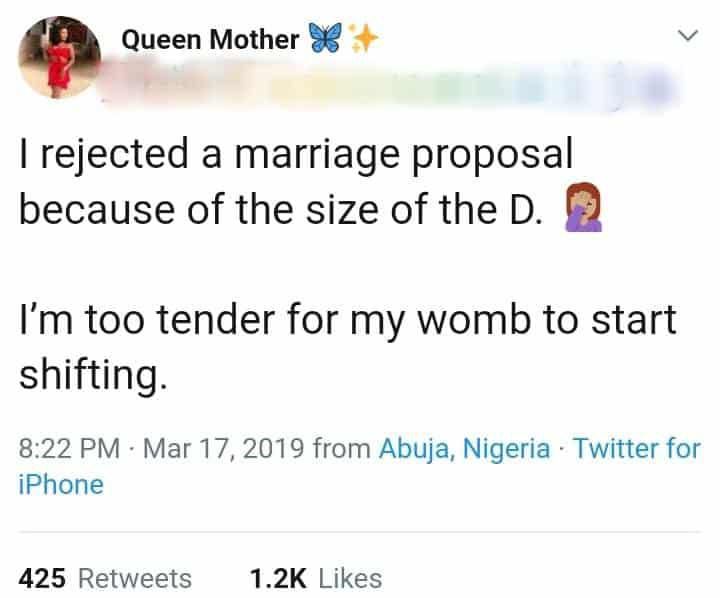 Beautiful lady rejects marriage proposal over size of penis